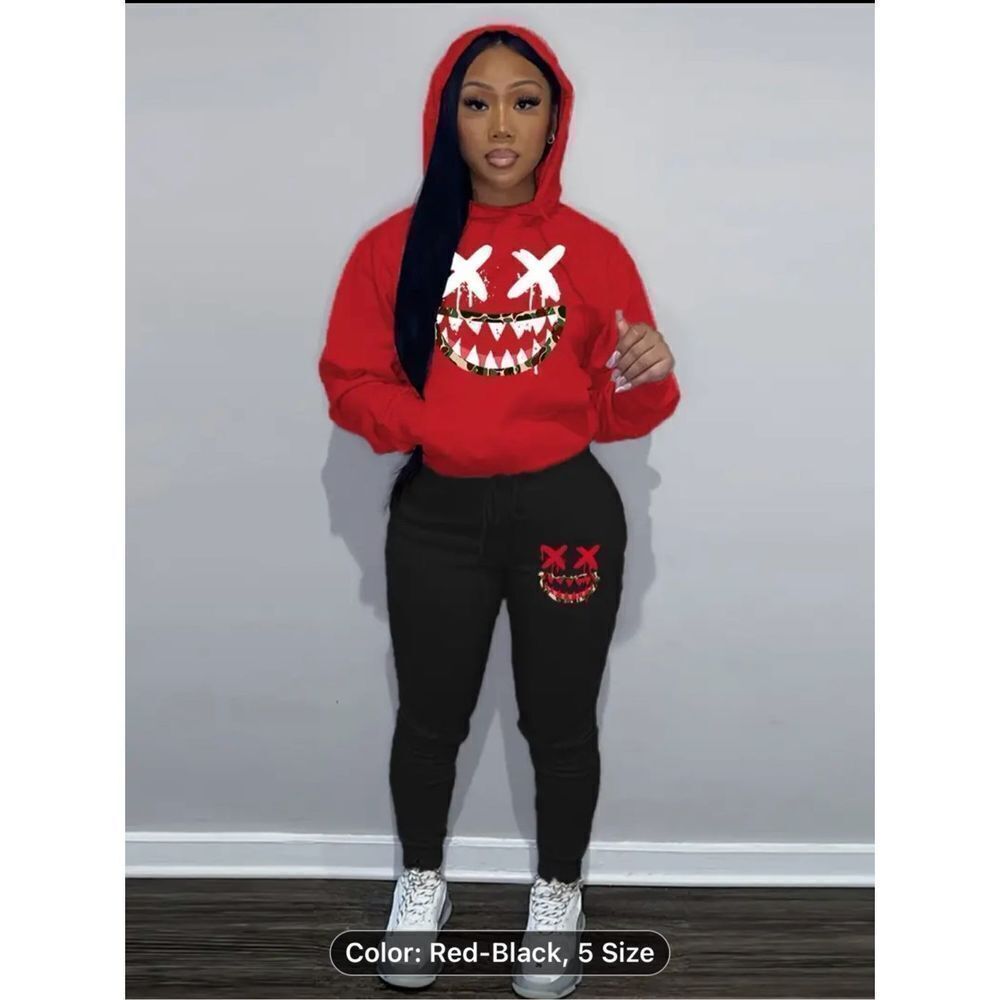 Smile Face Print Casual Two-pieceโSet, Kangaroo Pocket Hoodie Sweatshirt & Draws